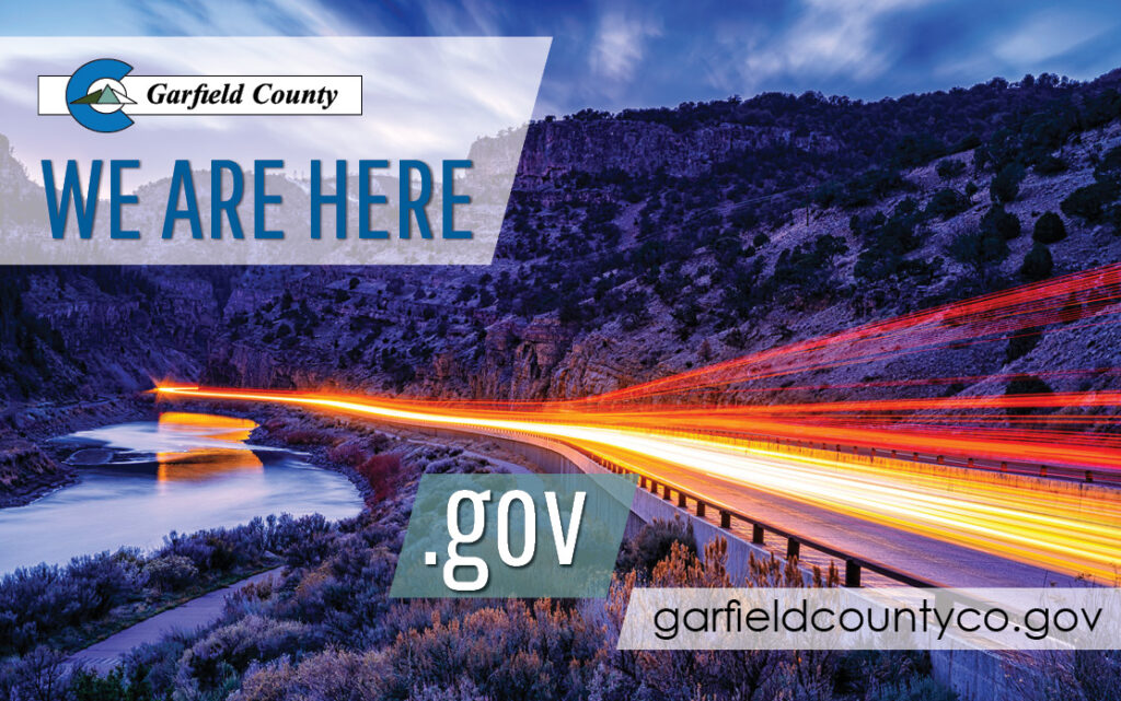 We are here graphic featuring vehicle lights in Glenwood Canyon representing forward progress on garfieldcountyco.gov.