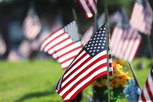Memorial Day ceremony with American flags flying at a veterans cemetery.
