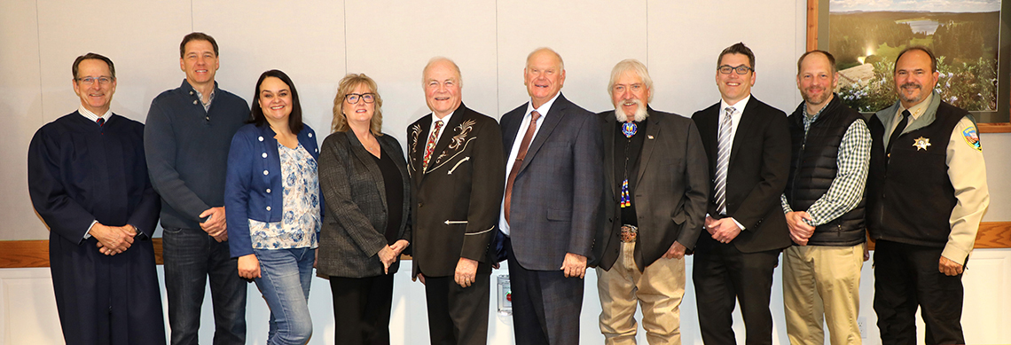 From left: Ninth Judicial District Court Judge John Neiley, Assessor Jim Yellico, Treasurer Carrie Couey, Clerk & Recorder Jackie Harmon, Commissioner Tom Jankovsky, Commissioner Mike Samson, Commissioner Perry Will, Ninth Judicial District Attorney Ben Sollars, Coroner Rob Glassmire, Sheriff Lou Vallario. Also serving is Garfield County Surveyor Scott Aibner.