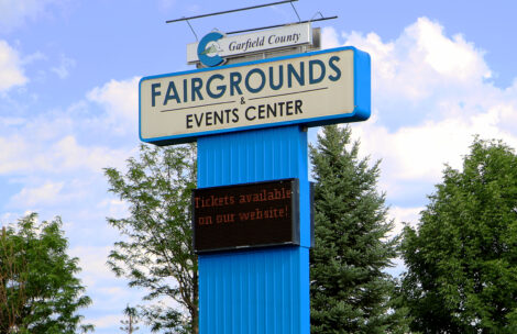 The welcoming sign of the Garfield County Fairgrounds in Rifle, Colorado.