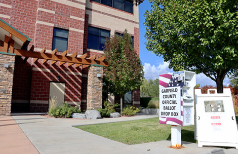 The mail ballot drop box outside of the Garfield County Administration Building in Rifle, Colorado.