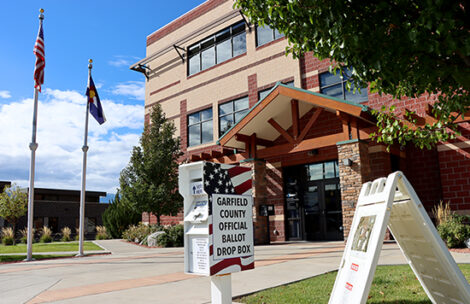 The mail ballot drop box outside of the Garfield County Administration Building in Rifle, Colorado.