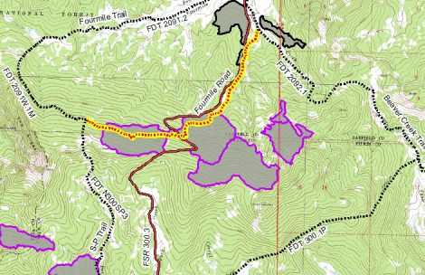 Map of the Fourmile area highlighting road closures.