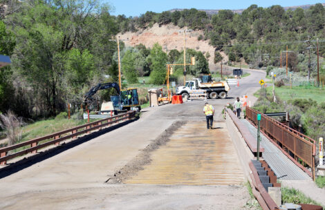 One lane of asphalt has been removed from the bridge over the Crystal River on County Road 108 (Thompson Creek Road) near Carbondale, Colorado.