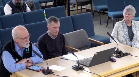Library District Executive Director Jamie LaRue, library district Chief Financial Officer Kevin Hettler, and library board President Adrian Rippy-Sheehy present the district's budget before the Board of County Commissioners in Glenwood Springs, CO.