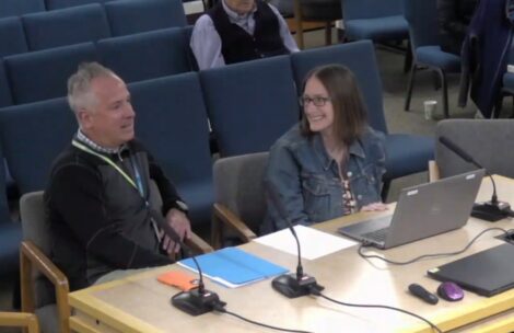 Hans Lutgring, Mind Springs Health regional outreach director, and Mind Springs Health Substance Abuse Treatment Director Traci Harris, present before the Garfield County Board of County Commissioners.