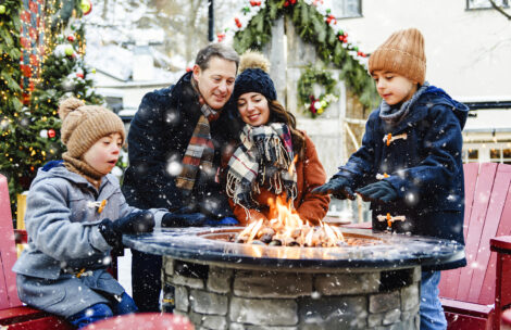 A family with two little sons having fun together outdoor on frosty day close to a fire.