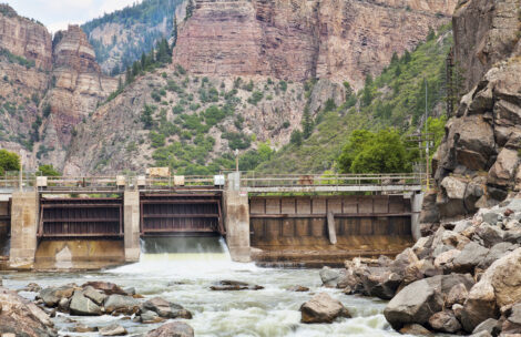 Shoshone Dam on Colorado River in Glenwood Canyon diverting water for the oldest hydroelectric plant in Colorado.