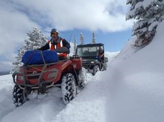 Search and rescue drives ATVs in the snow.