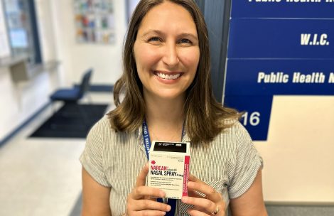 Garfield County Public Health Nurse Rachel Forsyth holds a Naloxone kit.