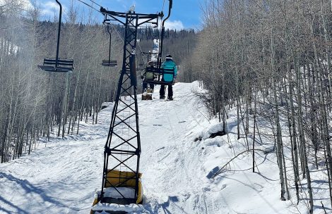 Skiers ride the Segundo lift at Sunlight Mountain Resort near Glenwood Springs, CO.