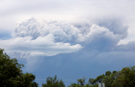 Pyrocumulous clouds can be seen over the Lee Fire.