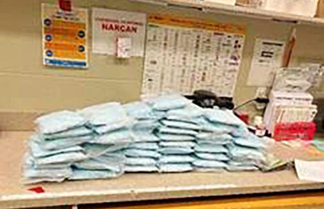 Approximately 59.64 pounds of suspected counterfeit OxyContin pills that are believed to contain fentanyl.