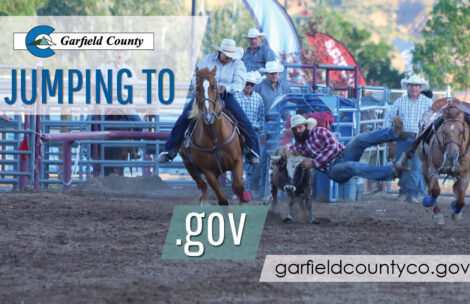 Graphic with rodeo for Garfield County switching its web address to garfieldcountyco.gov.